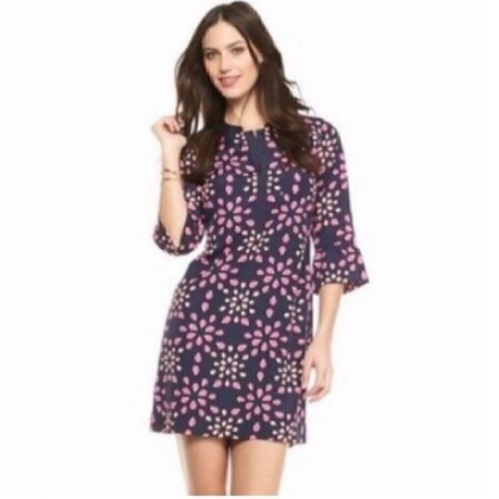 Crown & Ivy Women’s Size 6 Ladybug Print 3/4 Bell Sleeve Shift Dress Navy Blue